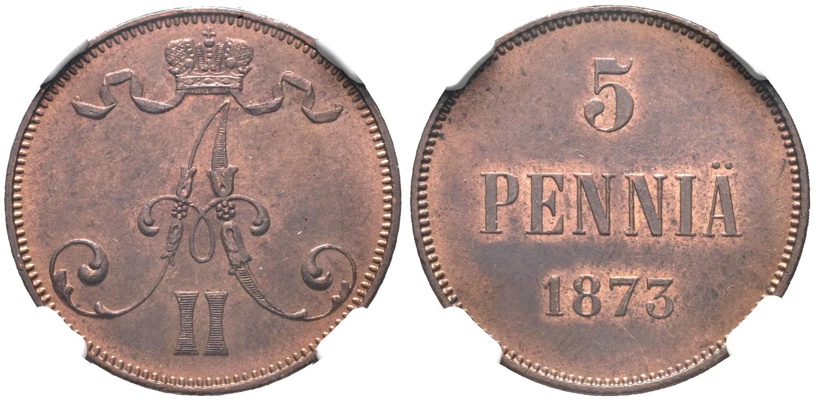 5 Penniä 1873, Helsinky, Bitkin2.662, Uzd.4706, etue NGC, MS 63 RB — 1