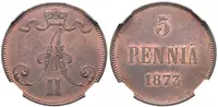 5 Penniä 1873, Helsinky, Bitkin2.662, Uzd.4706, etue NGC, MS 63 RB — 1