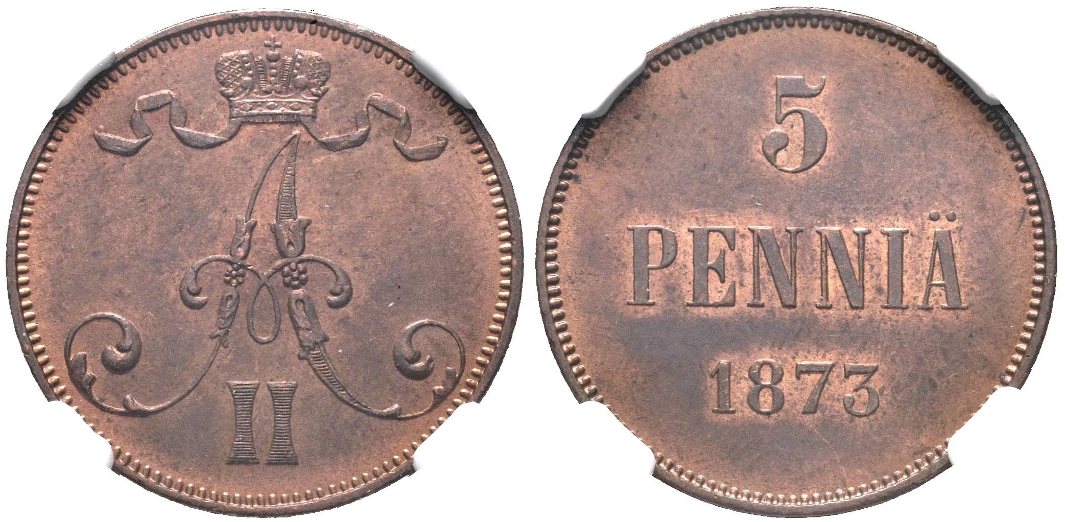 5 Penniä 1873, Helsinky, Bitkin2.662, Uzd.4706, etue NGC, MS 63 RB — 1
