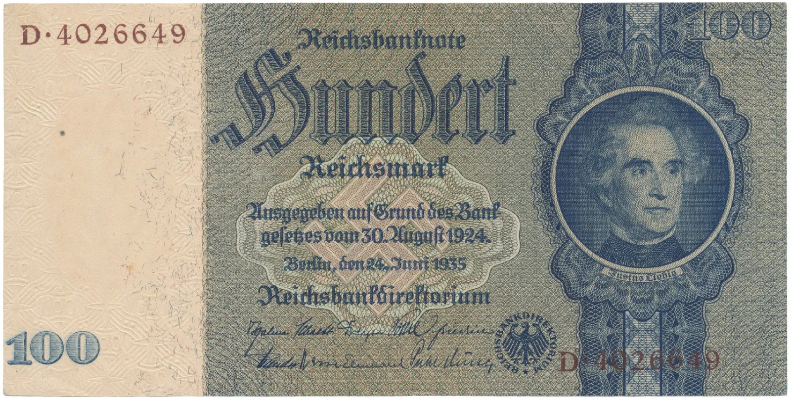 Německo, 100 Reichsmark 1935, válečná s průběžným vodotiskem, hnědý číslovač, Hej.D8d