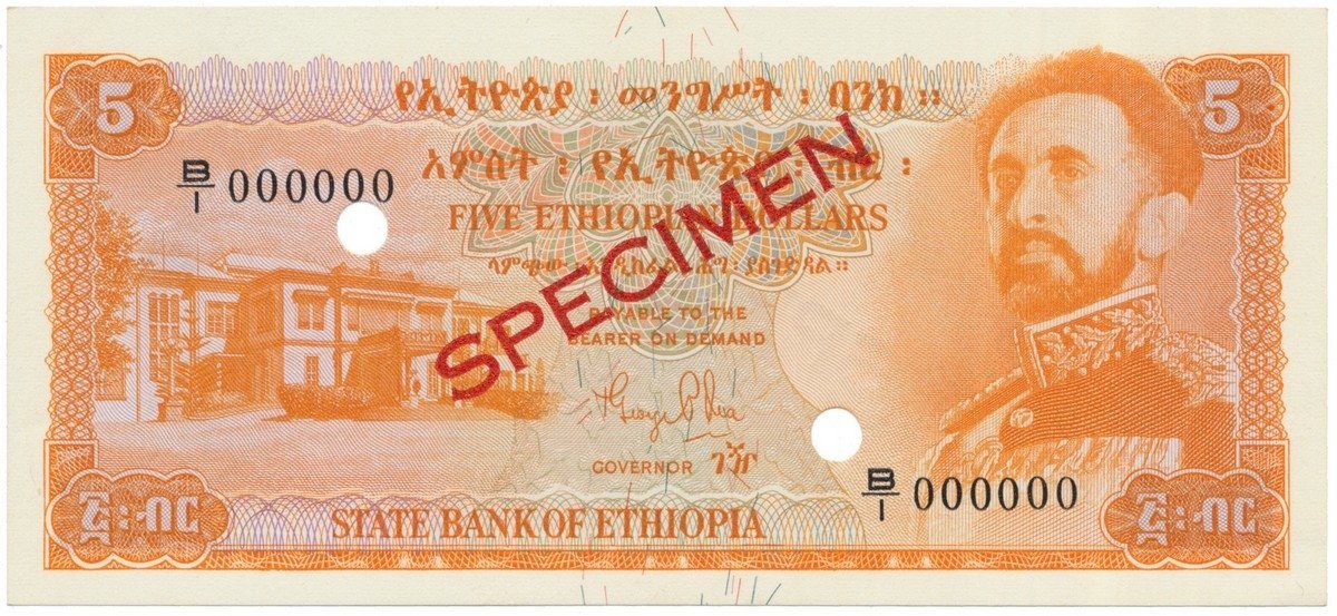 Etiopie, 5 Dollars (1961), anulát - SPECIMEN, P.19s