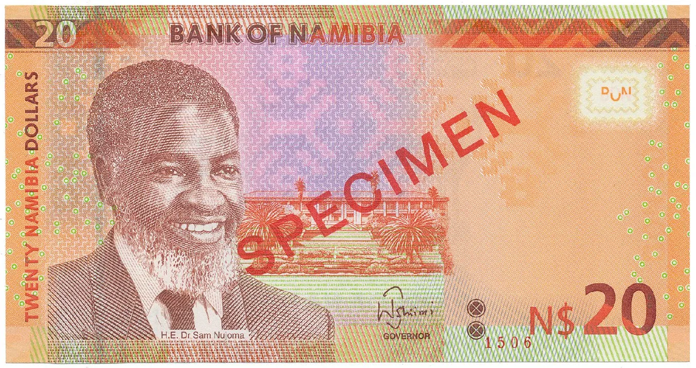 Namíbie, 20 Namibia Dollars 2015, bankovní vzor, D 00000000, přetisk SPECIMEN, P.12cs