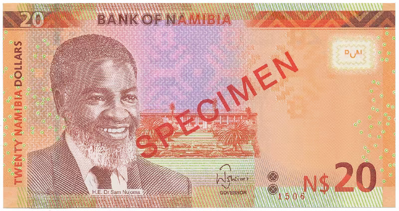 Namíbie, 20 Namibia Dollars 2015, bankovní vzor, D 00000000, přetisk SPECIMEN, P.12cs