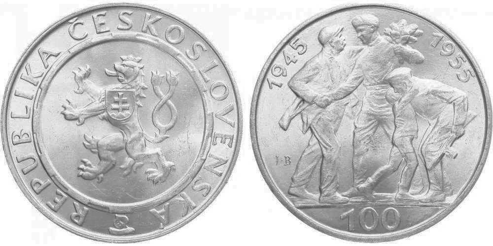 100 Kčs 1955 - 10. výročí osvobození Československa, var. A (ostré JB)