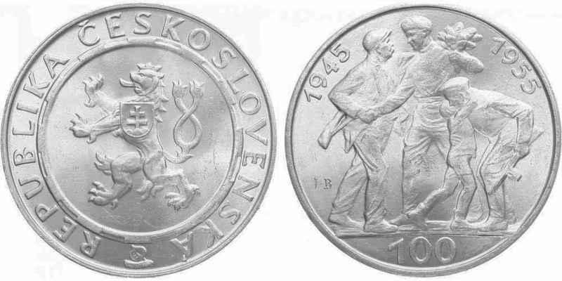 100 Kčs 1955 - 10. výročí osvobození Československa, var. A (ostré JB)