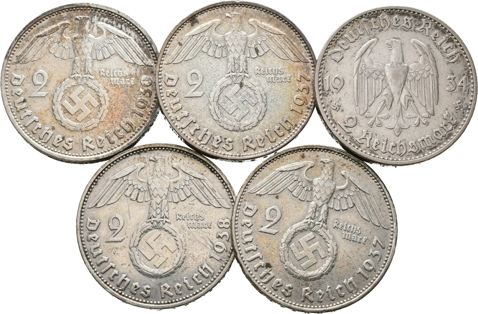 Soubor mincí - 2 Marka 1934 A, 1937 A, D, 1938 J, 1939 D, — 1