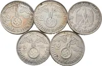 Soubor mincí - 2 Marka 1934 A, 1937 A, D, 1938 J, 1939 D, — 1