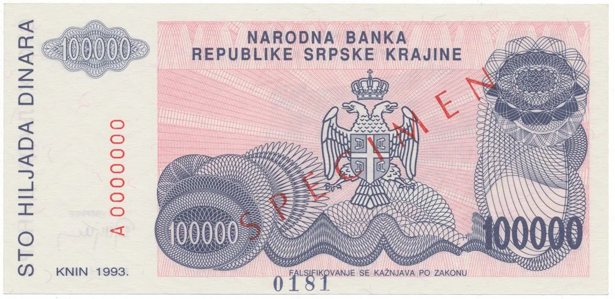 Chorvatsko, 100.000 Dinara 1993, anulát - SPECIMEN, P.R22s
