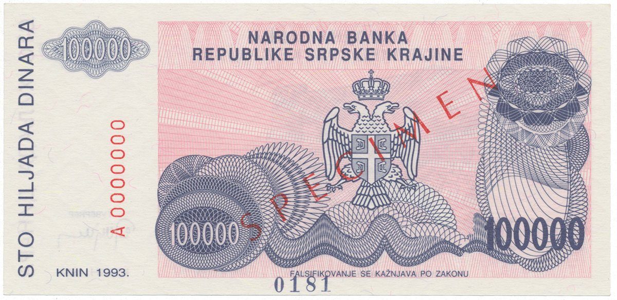 Chorvatsko, 100.000 Dinara 1993, anulát - SPECIMEN, P.R22s