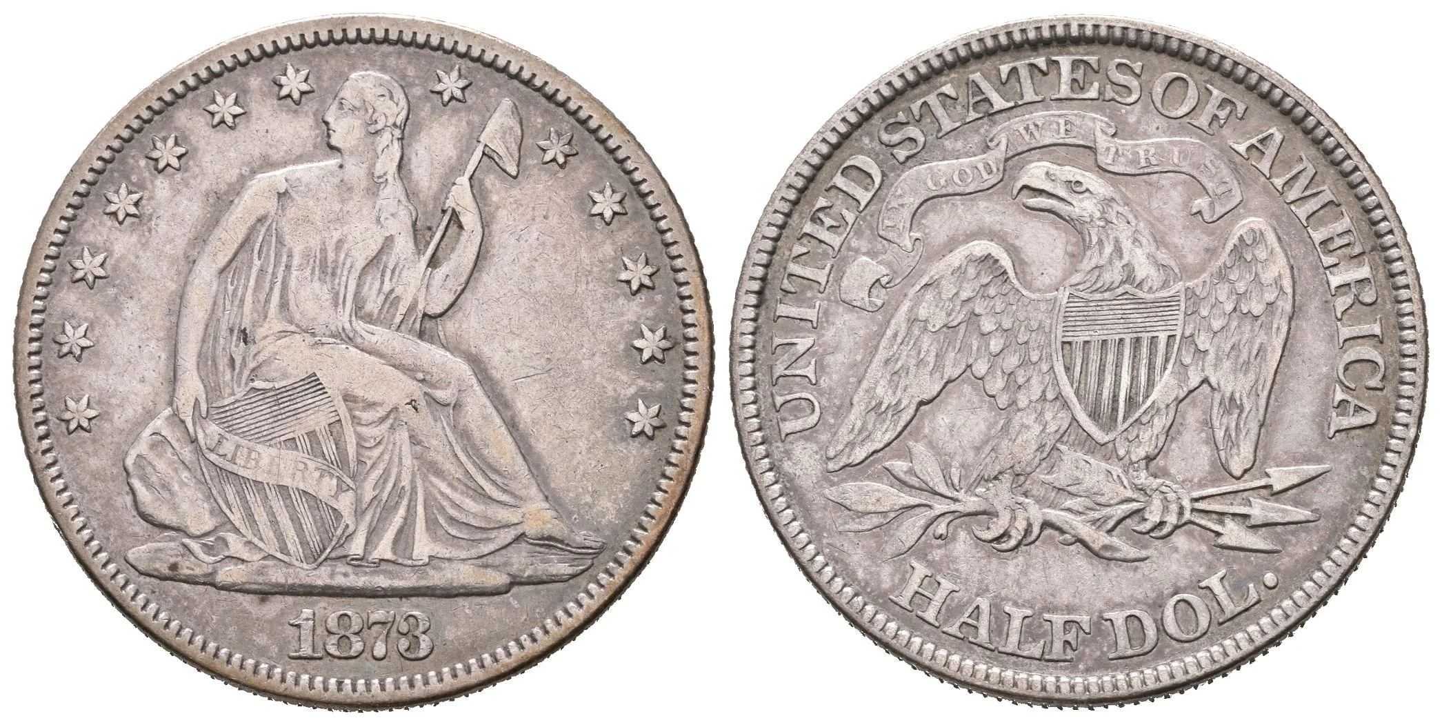 1/2 Dollar 1873, KM.107, pěkná zachovalost, patina, rysky — 1