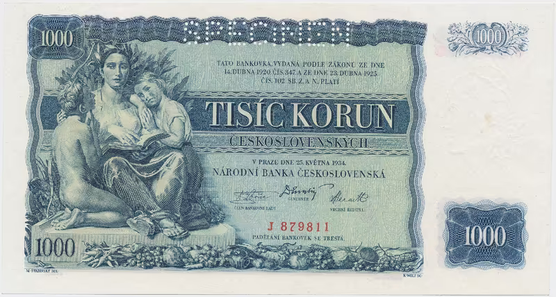 Československo, 1000 Koruna 1934, perf. 1x SPECIMEN, Hej.27a.S1
