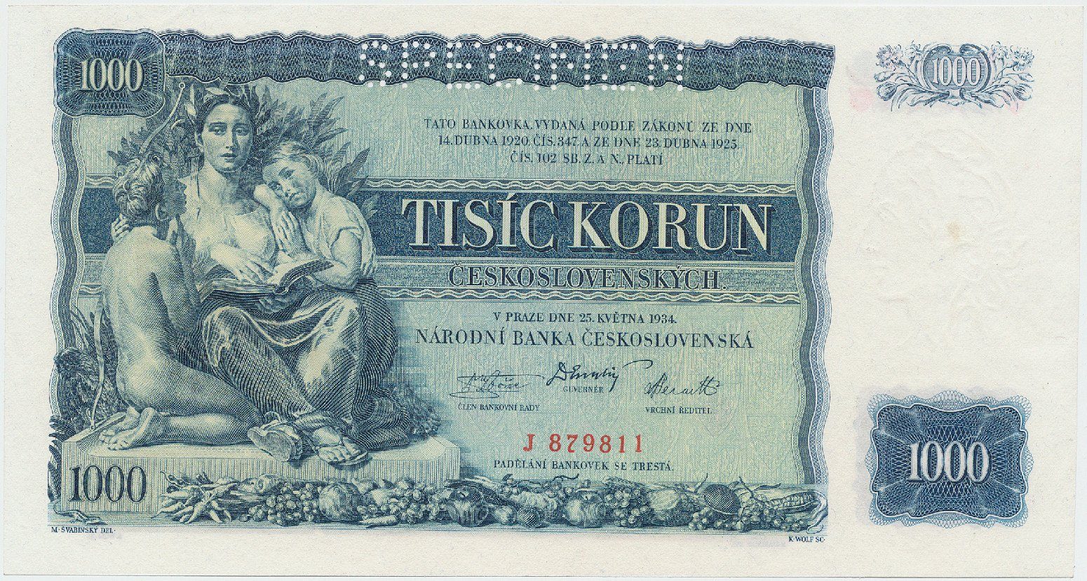 Československo, 1000 Koruna 1934, perf. 1x SPECIMEN, Hej.27a.S1