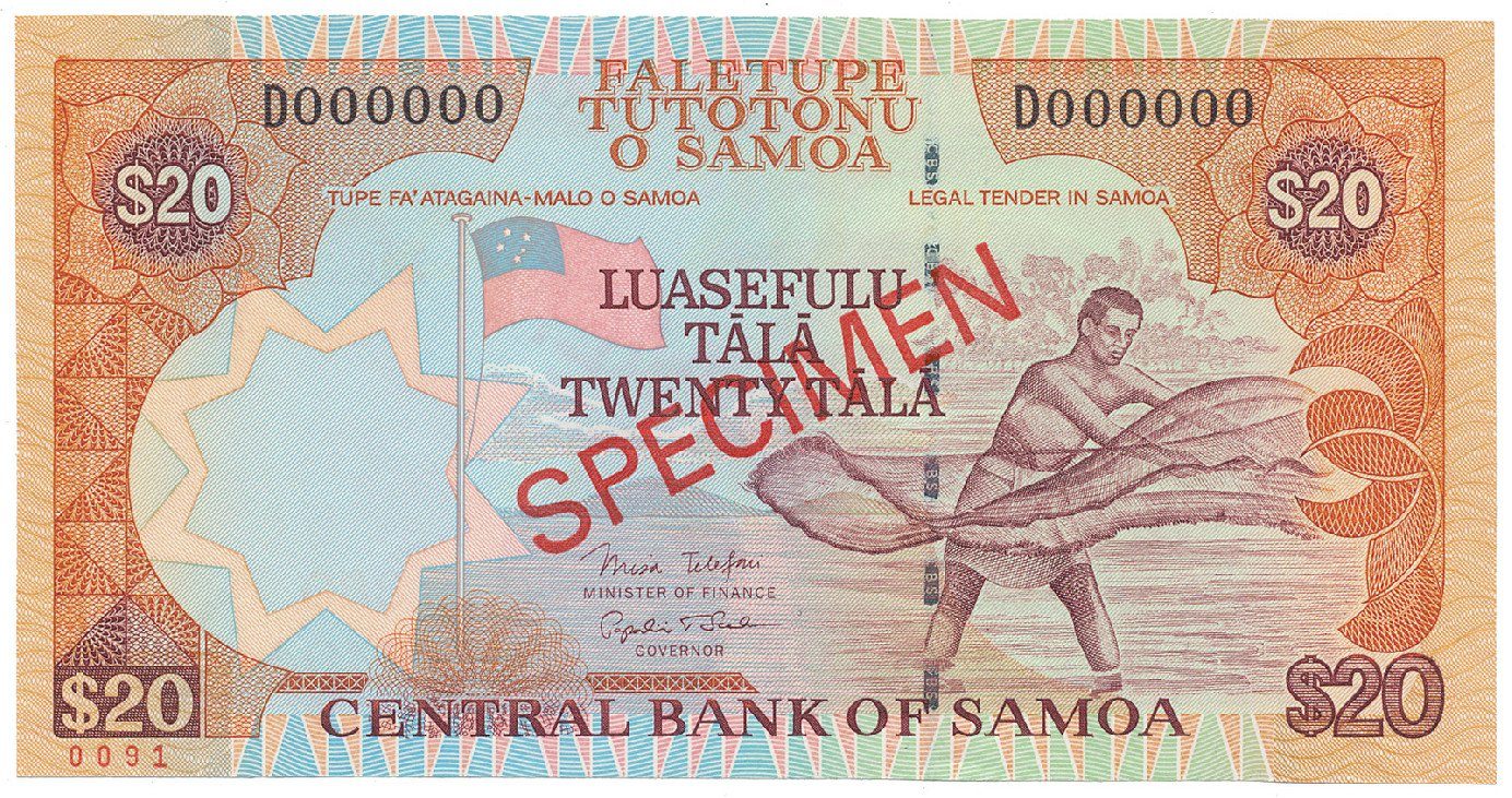 Samoa, 20 Tala (2002), bankovní vzor, D 000000, přetisk SPECIMEN, P.35bs