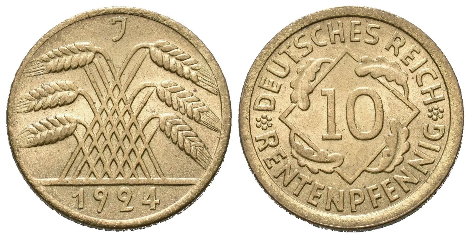 10 Rentenfennig 1924 J, J.309, krásná zachovalost, lesk, patina — 1