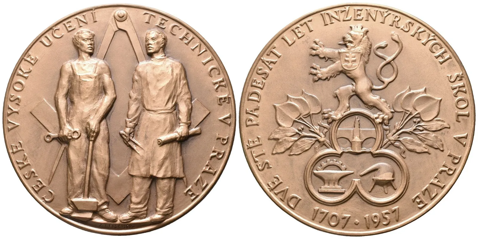 AE Medaile 1957 - K 250. Výročí založení ČVUT. Pat. bronz 80 mm, — 1
