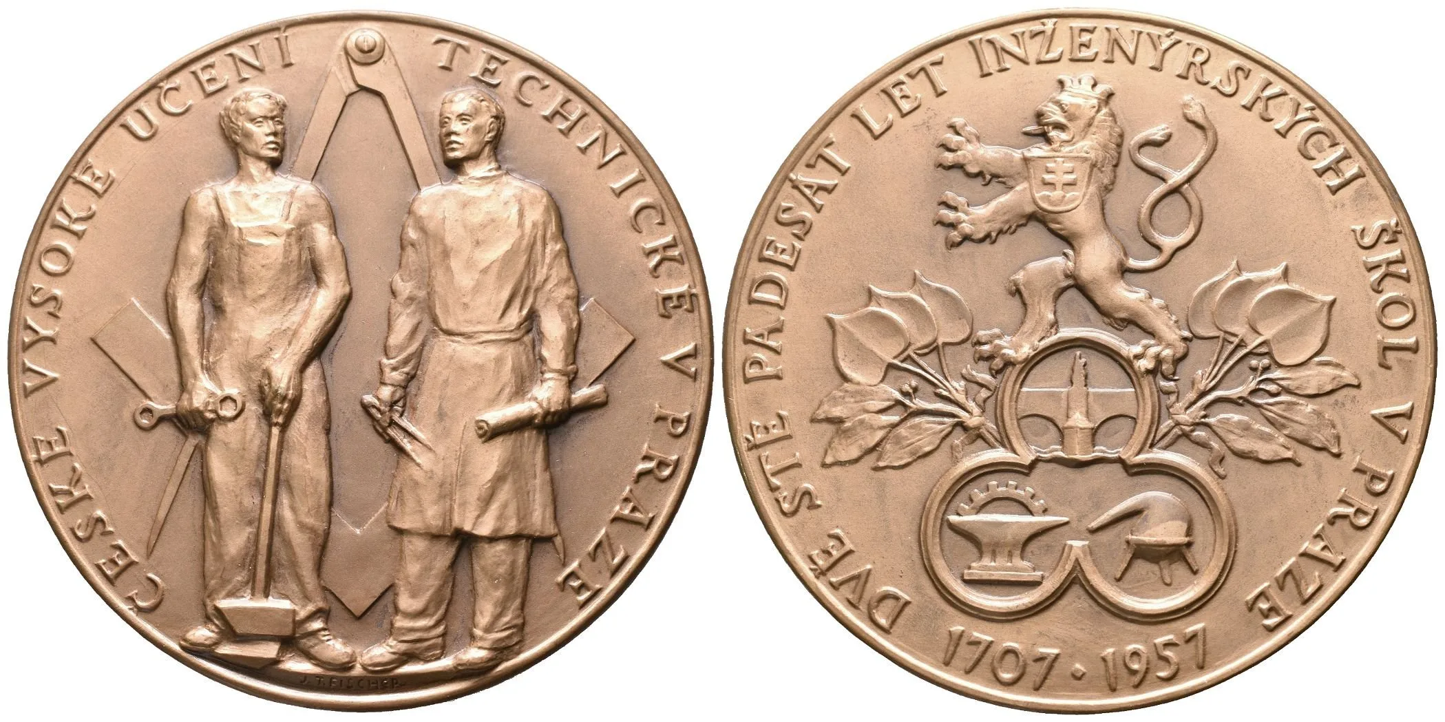 AE Medaile 1957 - K 250. Výročí založení ČVUT. Pat. bronz 80 mm, — 1