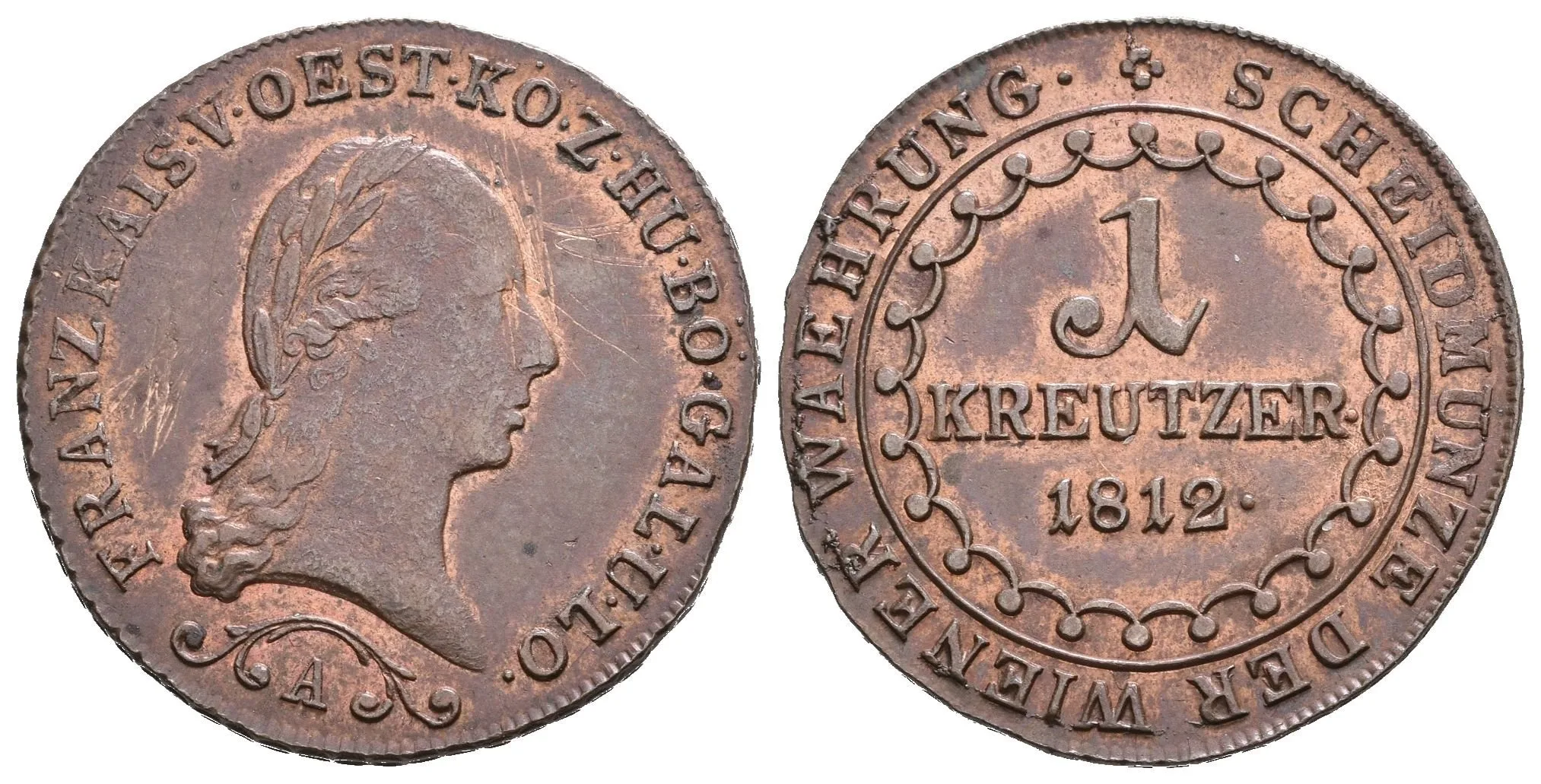 Krejcar 1812 A, zbytky lesku, patina, rysky — 1