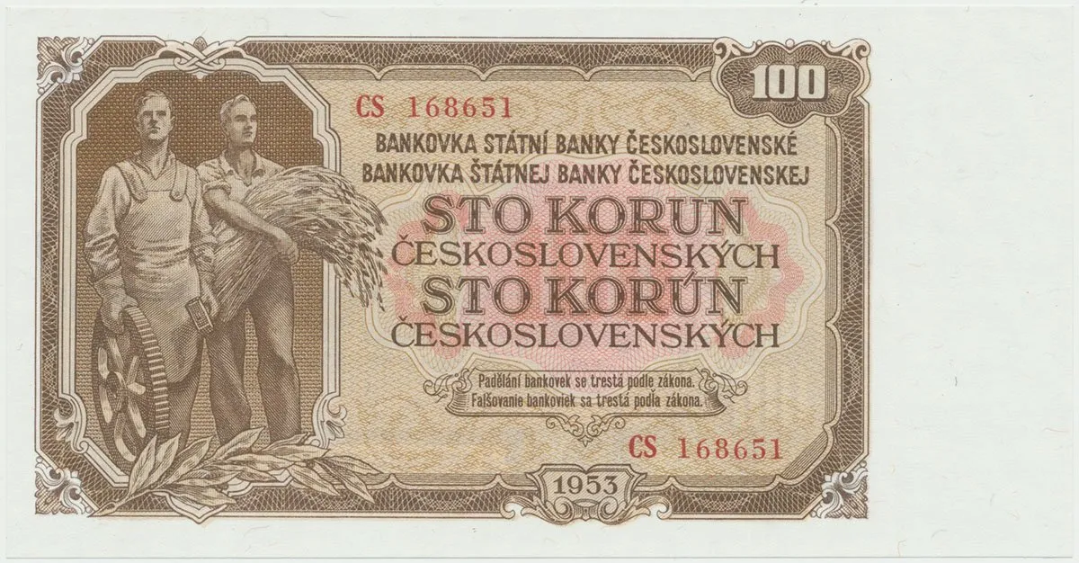 Československo, 100 Koruna 1953, tisk Moskva, série CS, Hej.95a1