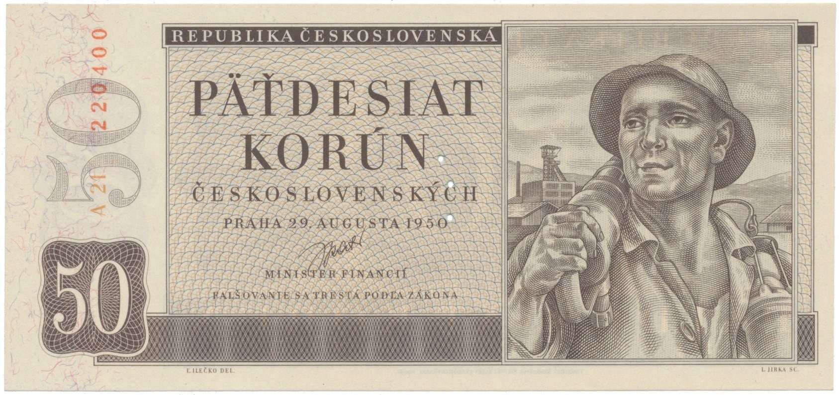 50 Koruna 1950, I. vydání, perforace 3 m.d. v obloučku, Hej.87aS2