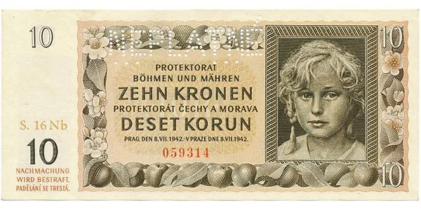 Protektorát Čechy a Morava, 10 Koruna 1942, tisk Neubert, série Nb, perf. 1x NEPLATNÉ, Hej.37b2.S2