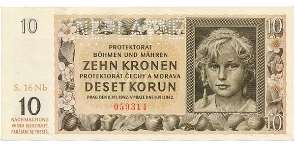 Protektorát Čechy a Morava, 10 Koruna 1942, tisk Neubert, série Nb, perf. 1x NEPLATNÉ, Hej.37b2.S2