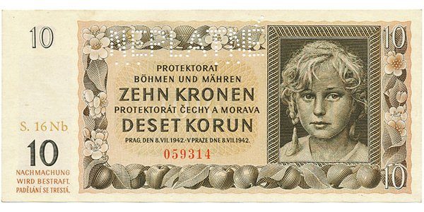 Protektorát Čechy a Morava, 10 Koruna 1942, tisk Neubert, série Nb, perf. 1x NEPLATNÉ, Hej.37b2.S2