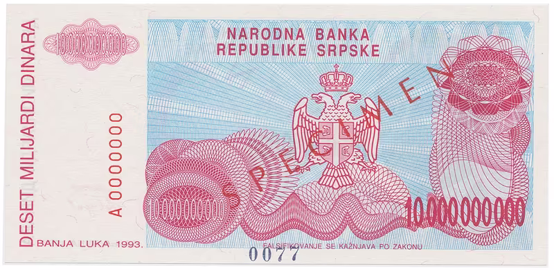 Bosna a Hercegovina, 10 Milijardi Dinara 1993, nevydaná, bankovní vzor, A 0000000, přet. SPECIMEN, P.156s