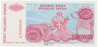 Bosna a Hercegovina, 10 Milijardi Dinara 1993, nevydaná, bankovní vzor, A 0000000, přet. SPECIMEN, P.156s