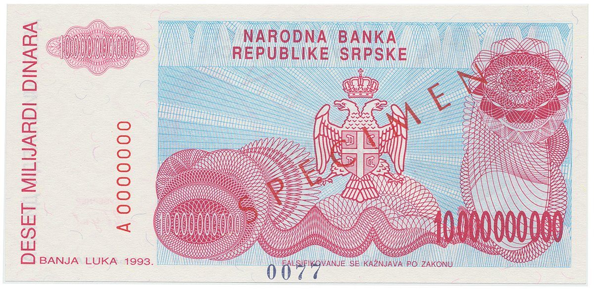 Bosna a Hercegovina, 10 Milijardi Dinara 1993, nevydaná, bankovní vzor, A 0000000, přet. SPECIMEN, P.156s