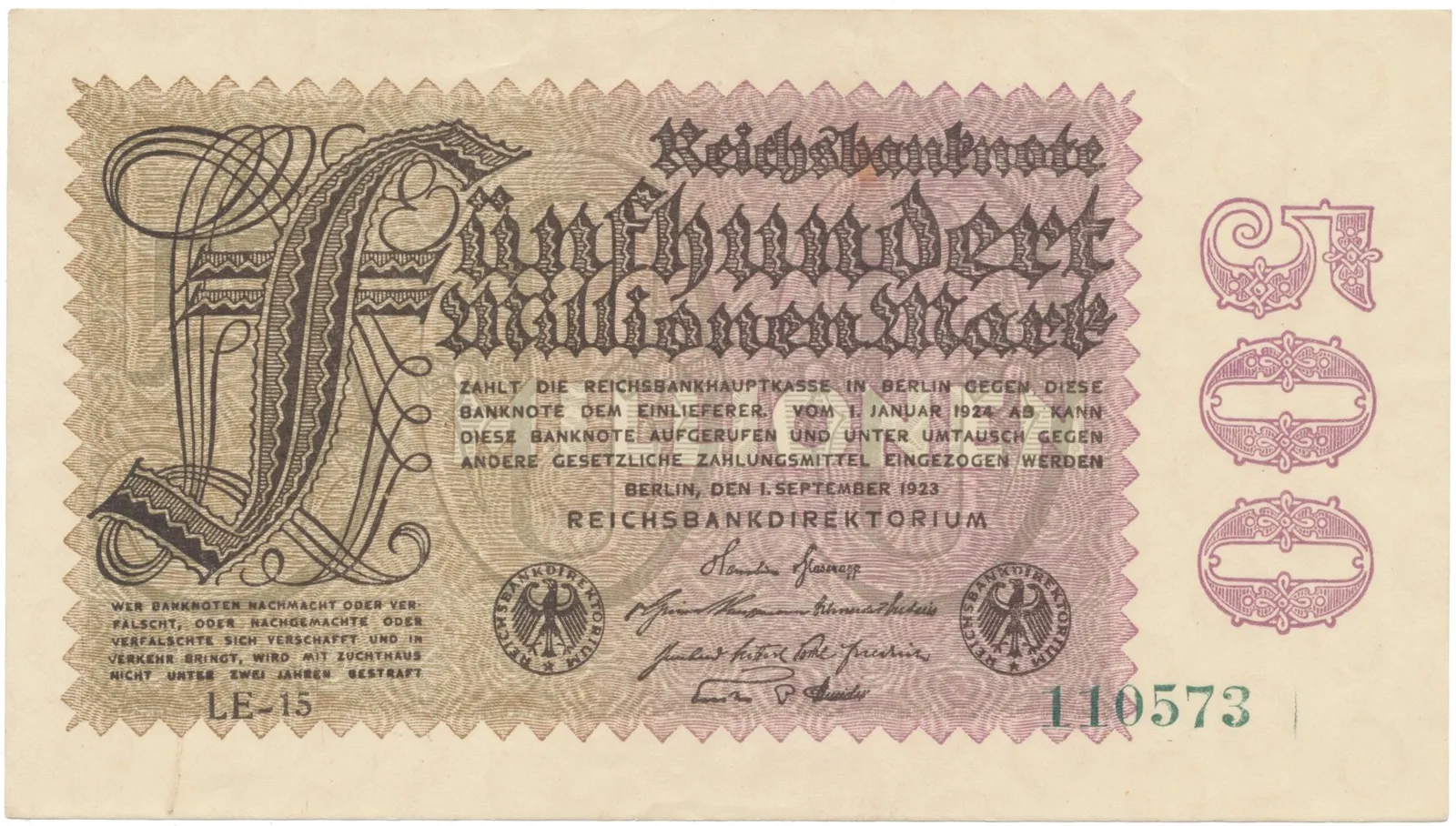 Německo, 500 Millionen Mark 1923, vodoznak Ringe, Ro.109f