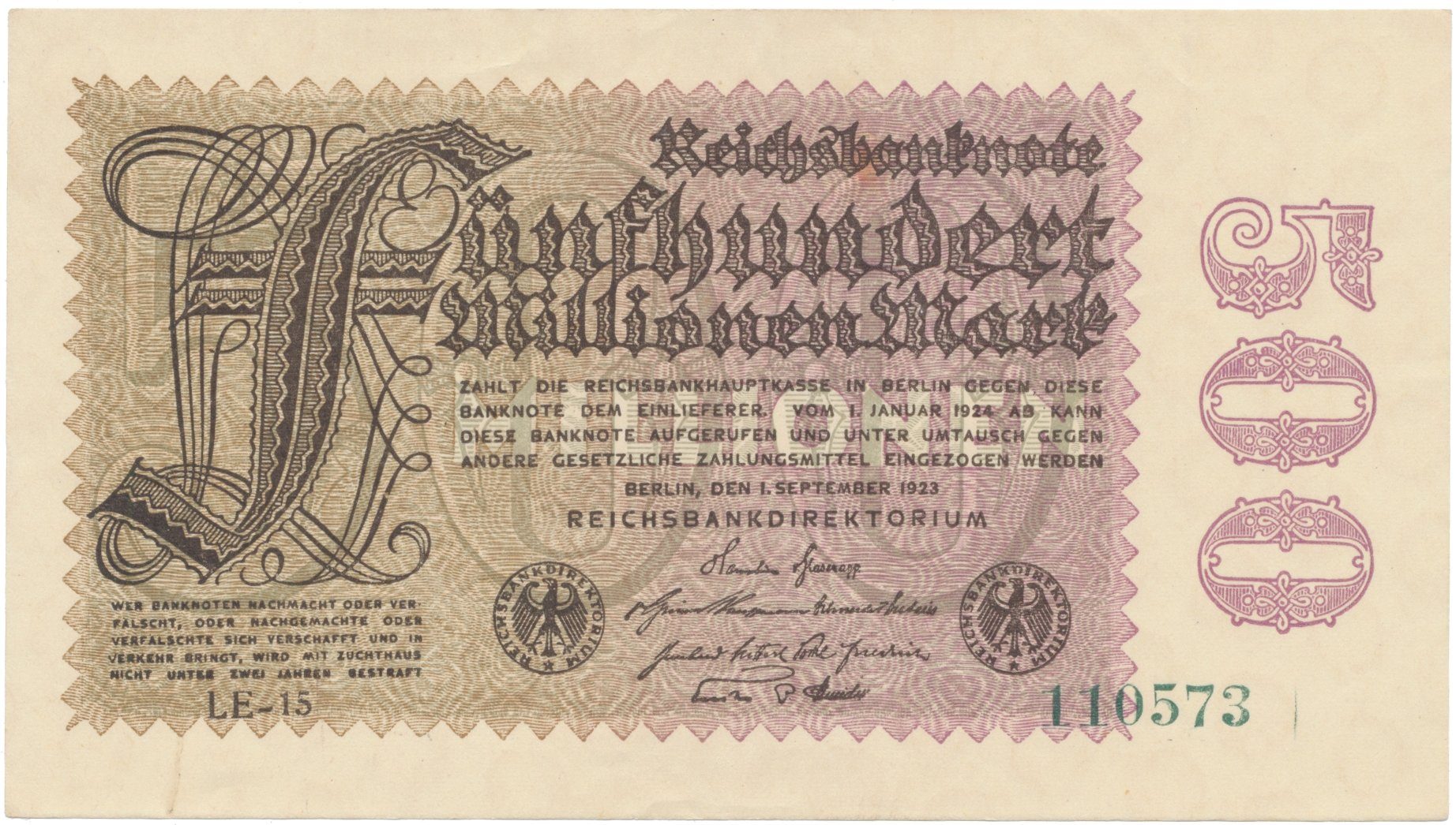Německo, 500 Millionen Mark 1923, vodoznak Ringe, Ro.109f