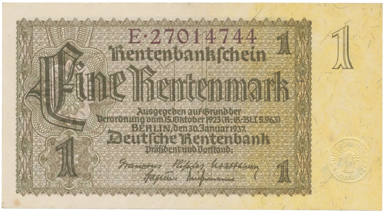 Německo, 1 Rentenmark 1937, hnědý 8-místný říšský číslovač, Hej.D11b