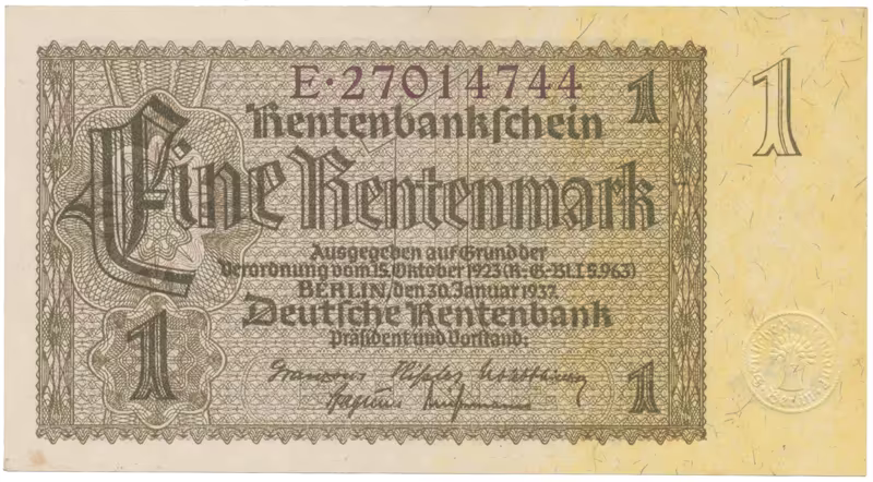 Německo, 1 Rentenmark 1937, hnědý 8-místný říšský číslovač, Hej.D11b