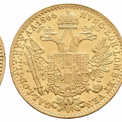 Dukát 1866 A, pěkná zachovalost, zbytky lesku, rysky