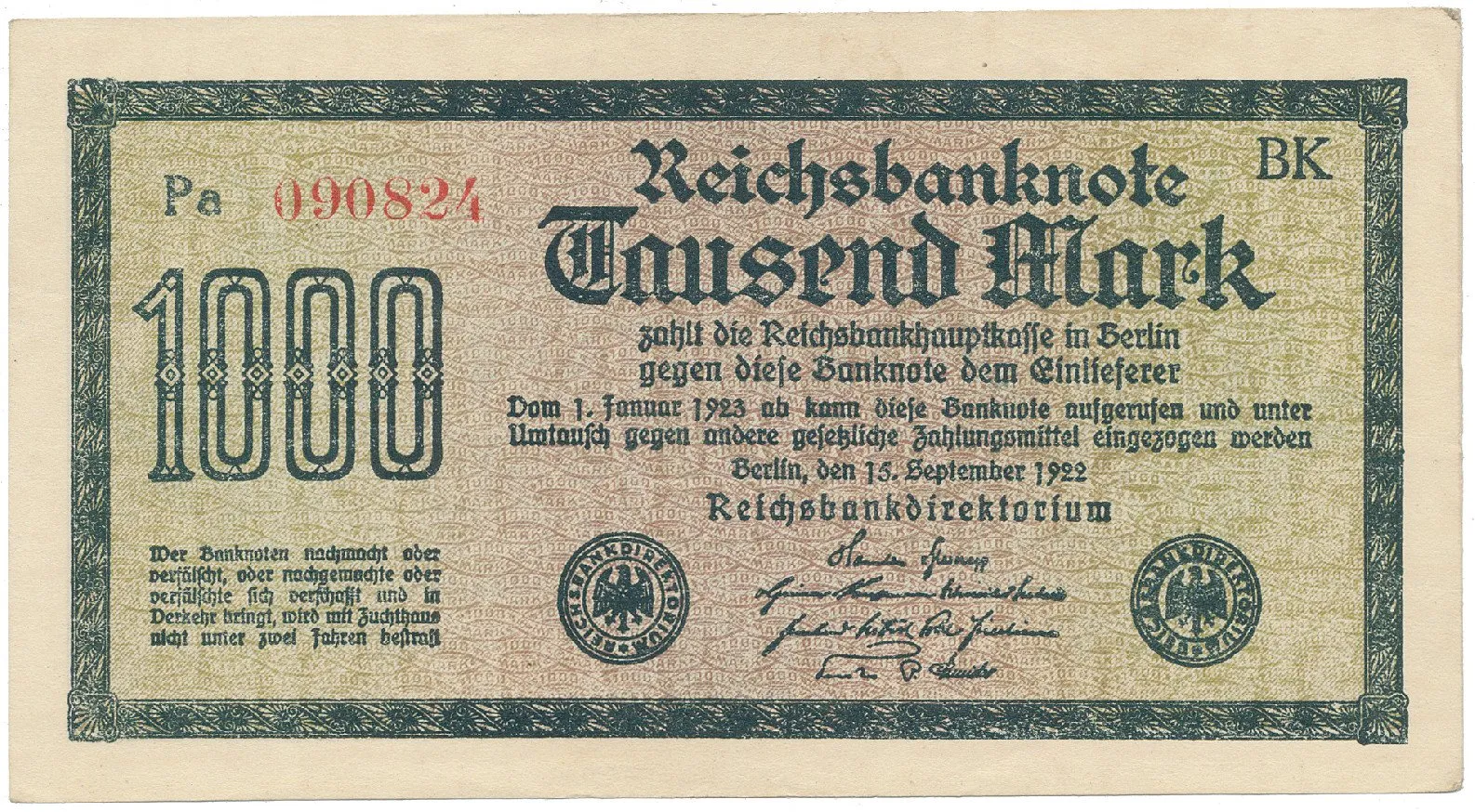 Německo, 1000 Mark 1922, vod. Mäander, červené 6-místné číslo, Ro.75g