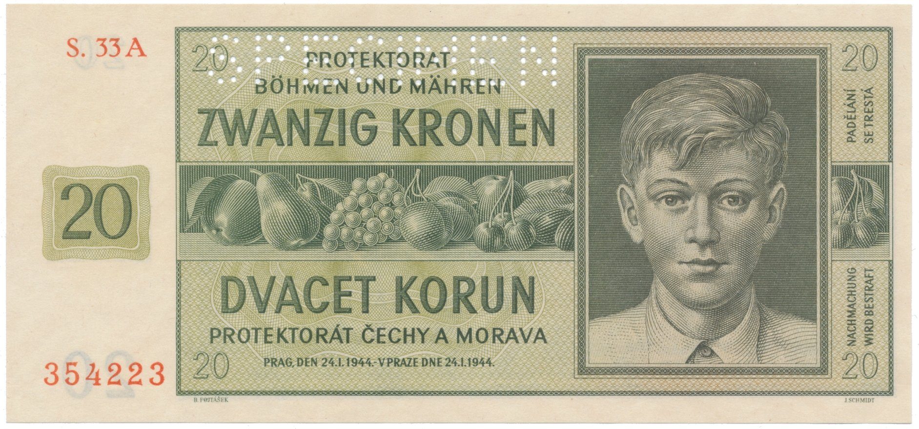 20 Koruna 1944, série A, SPECIMEN, Hej.40a.S1
