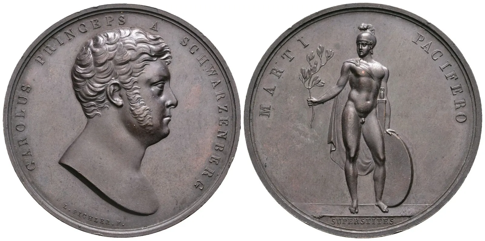 AE Medaile b.l. (L. Pichler) - Hlava zprava, opis / Stojící Mars s ratolestí. Br 46 mm, — 1