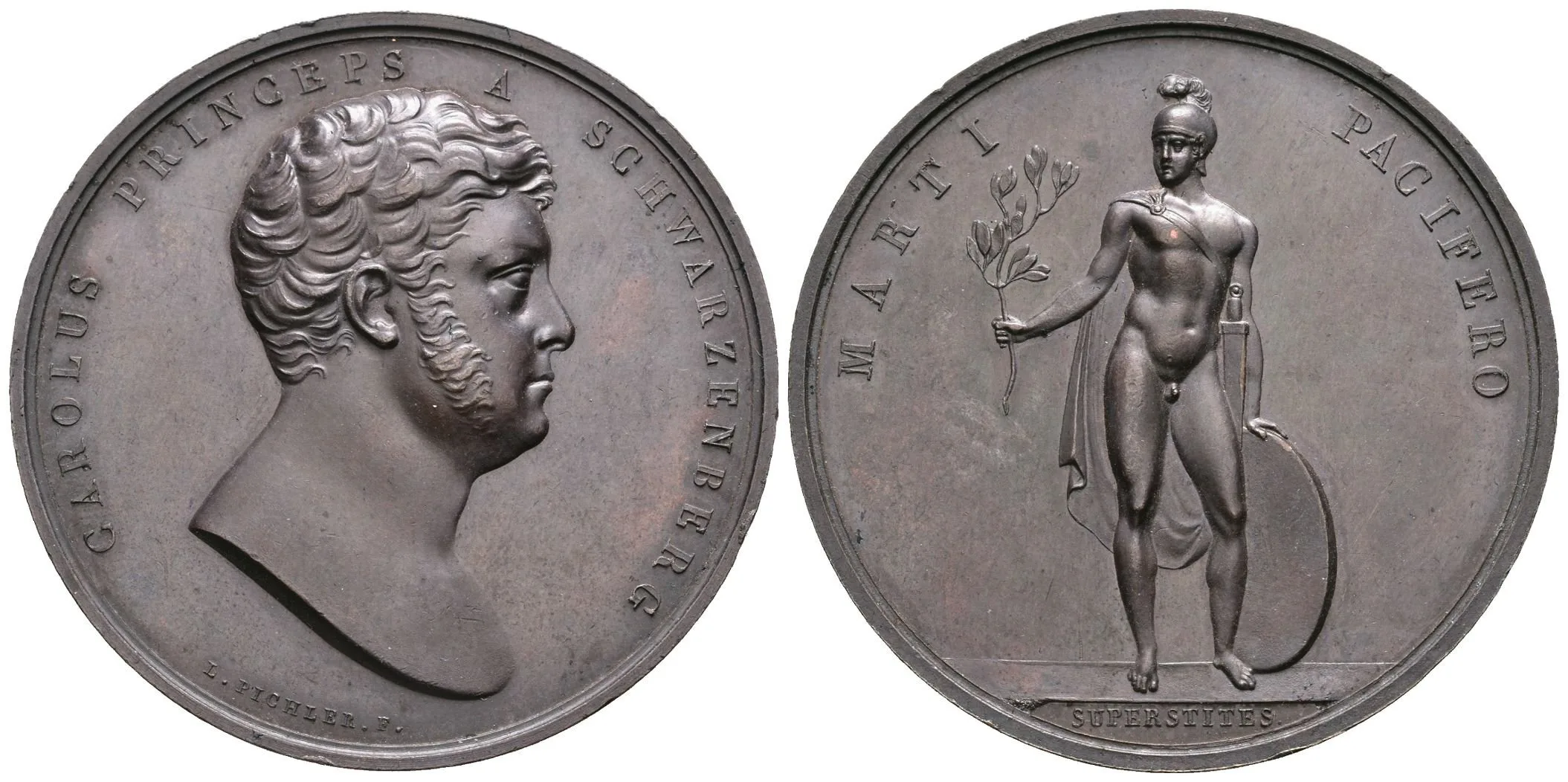 AE Medaile b.l. (L. Pichler) - Hlava zprava, opis / Stojící Mars s ratolestí. Br 46 mm, — 1