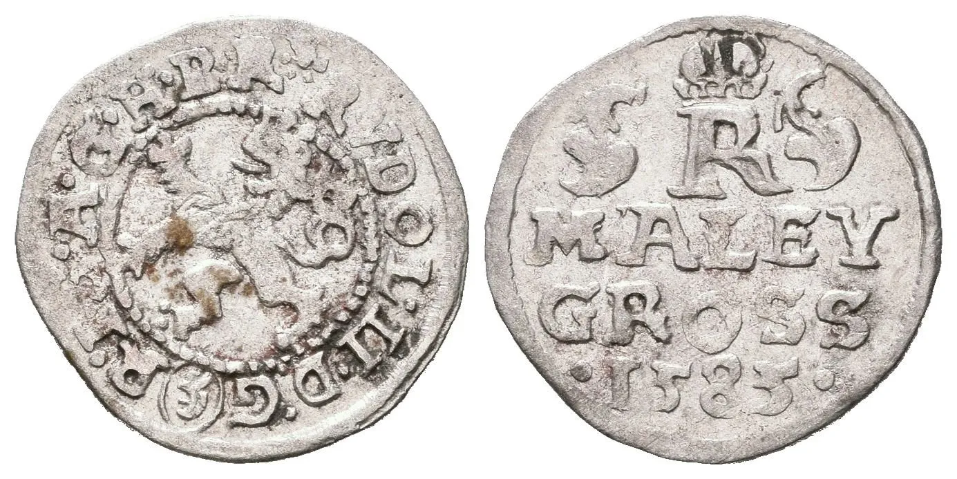 Malý groš 1585, České Budějovice-Mattighofer, HN.24a (opis 7a), mincovní značka — 1