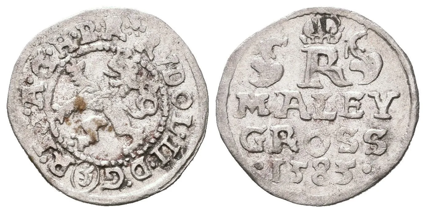 Malý groš 1585, České Budějovice-Mattighofer, HN.24a (opis 7a), mincovní značka — 1