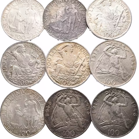 100 Kčs 1948 - 30. výročí ČSR (3x), Univerzita Karlova (3x), 100 Kč 1949 - Hornická práva