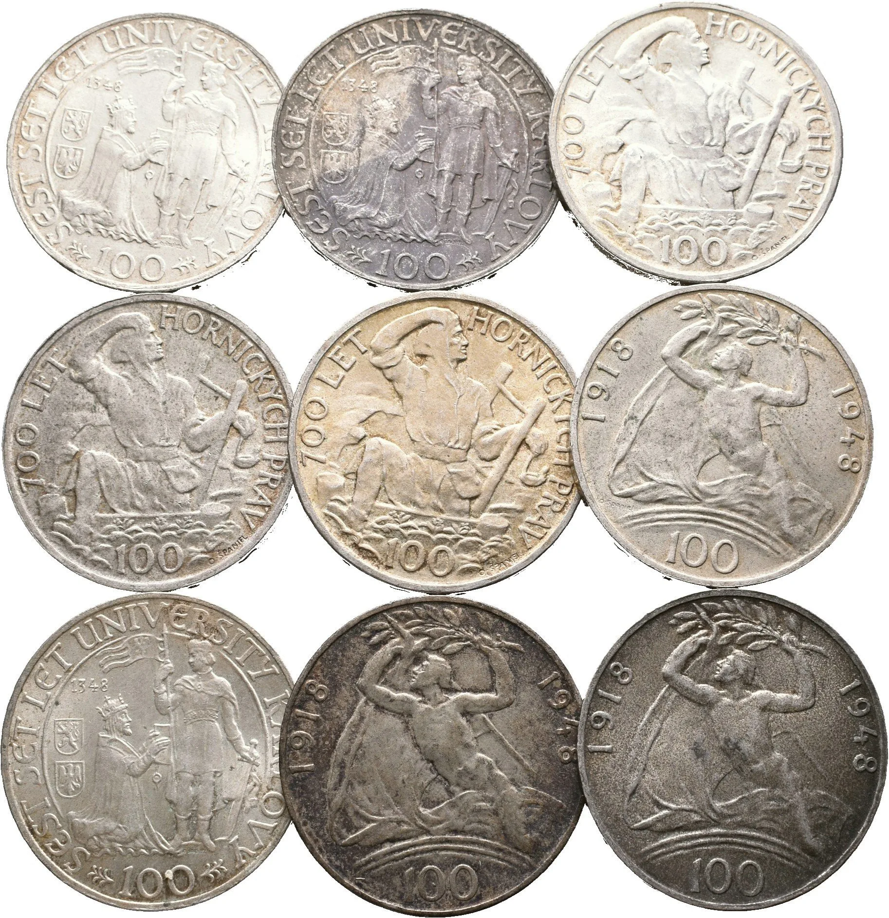 100 Kčs 1948 - 30. výročí ČSR (3x), Univerzita Karlova (3x), 100 Kč 1949 - Hornická práva — 1