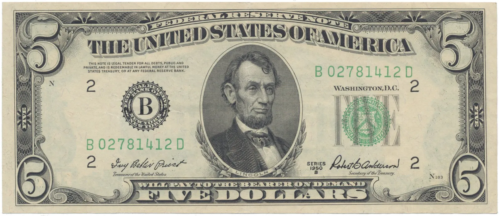 USA, 5 Dollars 1950B, Pick.438b
