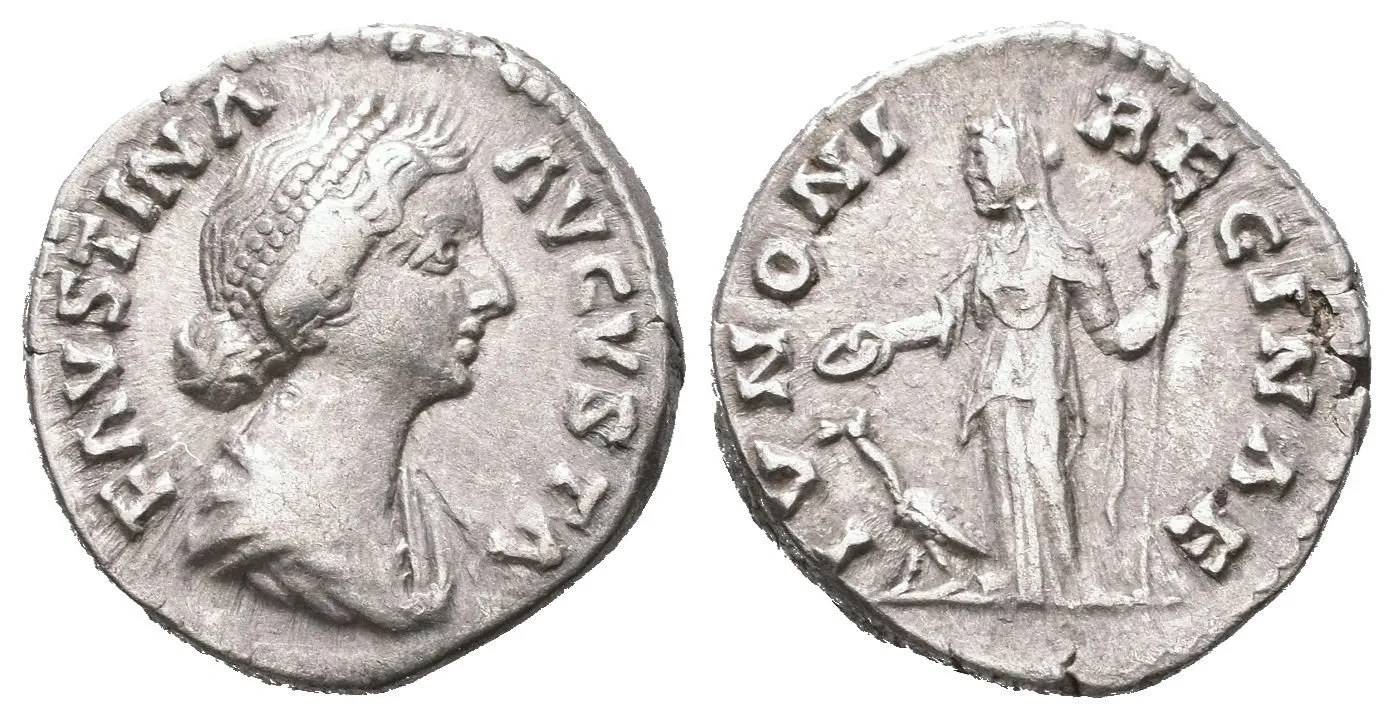 Denár, 161 - 175, Rv: IVNONI REGINAE, stojící Juno zleva drží pateru a žezlo, u nohou — 1