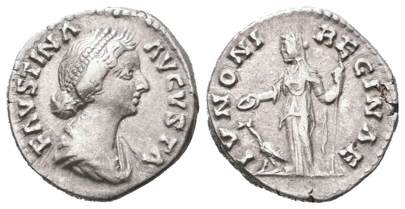 Denár, 161 - 175, Rv: IVNONI REGINAE, stojící Juno zleva drží pateru a žezlo, u nohou — 1