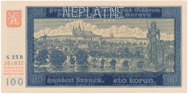 Protektorát Čechy a Morava, 100 Koruna 1940, I. vydání, série B, perf. 1x NEPLATNÉ, Hej.32aB.S2