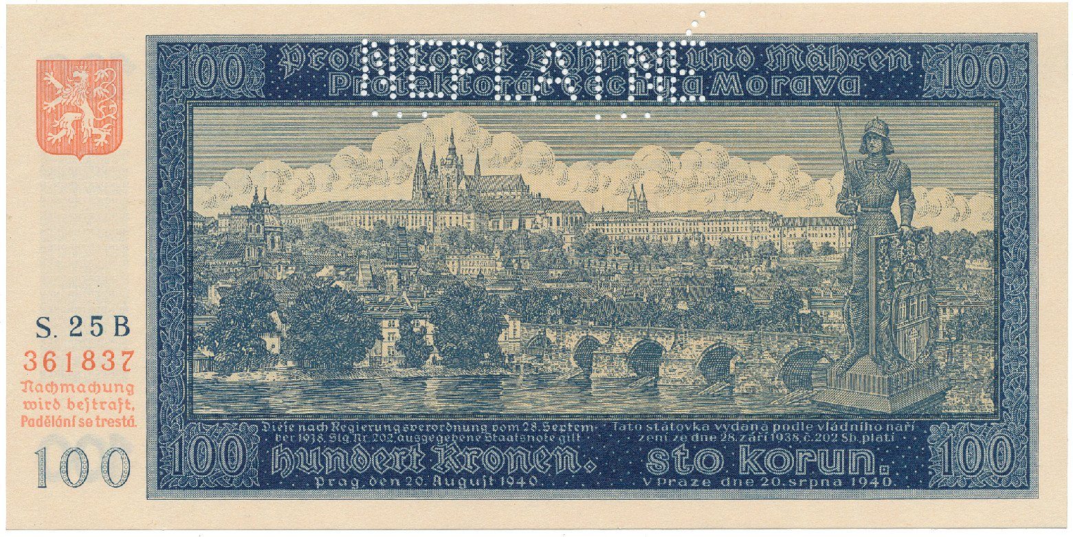 Protektorát Čechy a Morava, 100 Koruna 1940, I. vydání, série B, perf. 1x NEPLATNÉ, Hej.32aB.S2