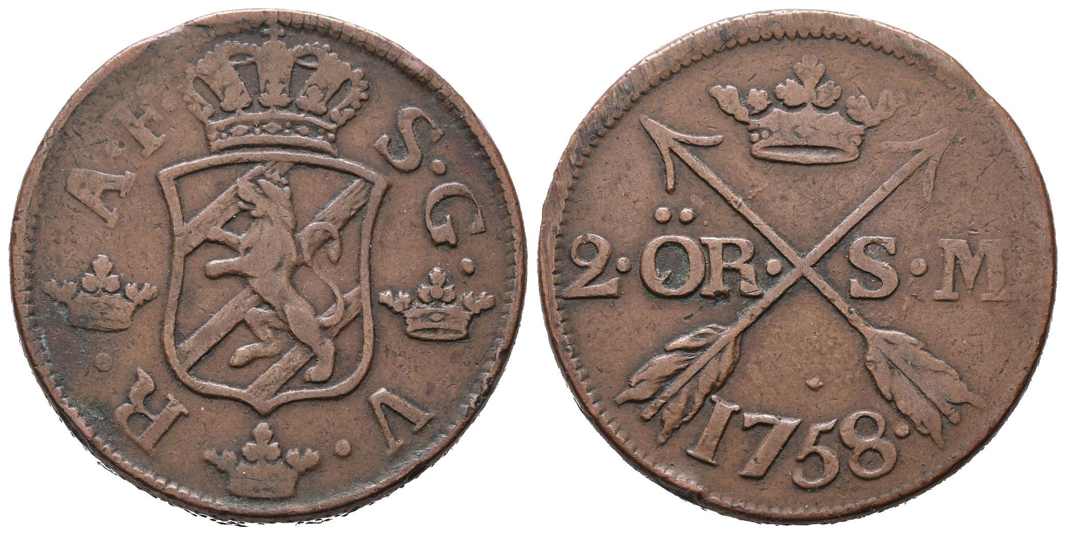 Švédsko, 2 Öre SM 1758