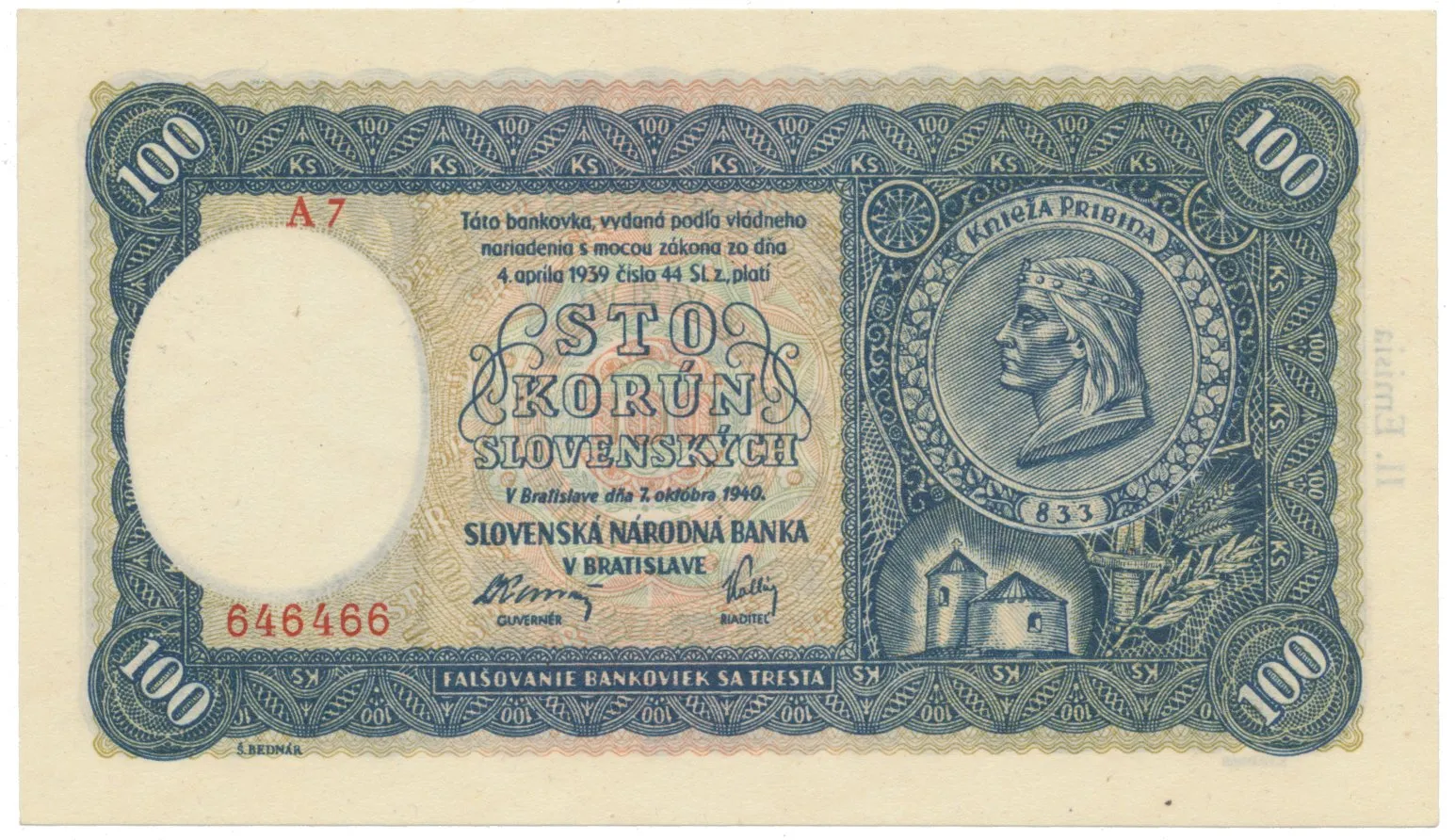 100 Koruna 1940, II. vydání, série A 7, Hej.49a1