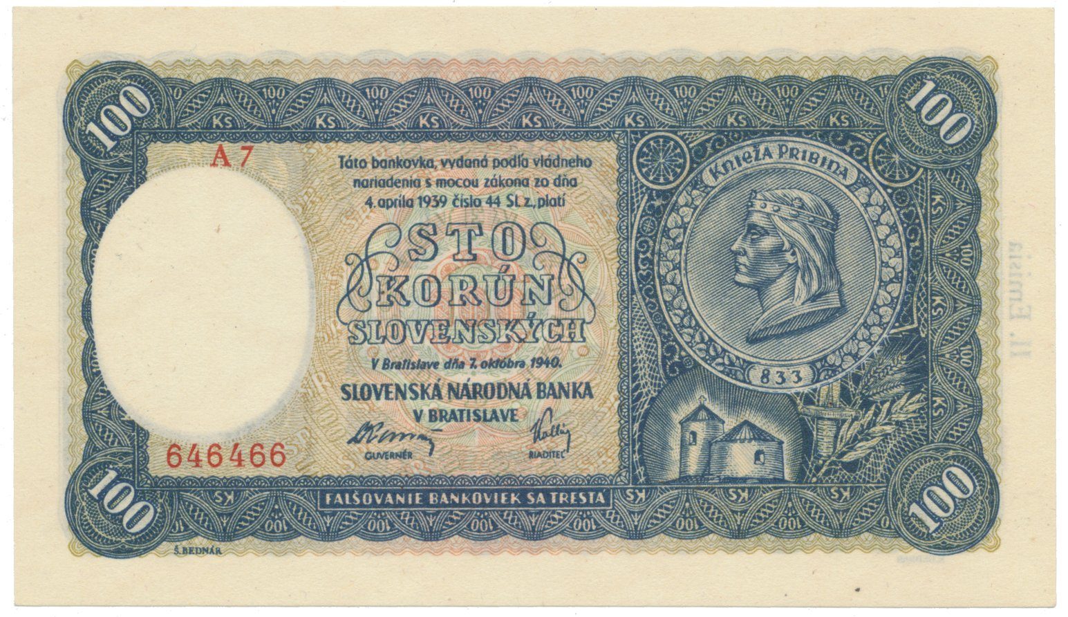 100 Koruna 1940, II. vydání, série A 7, Hej.49a1